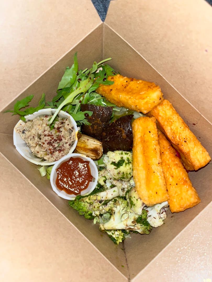 Vegan power bowl with polenta fries at AYA & SUKI, London