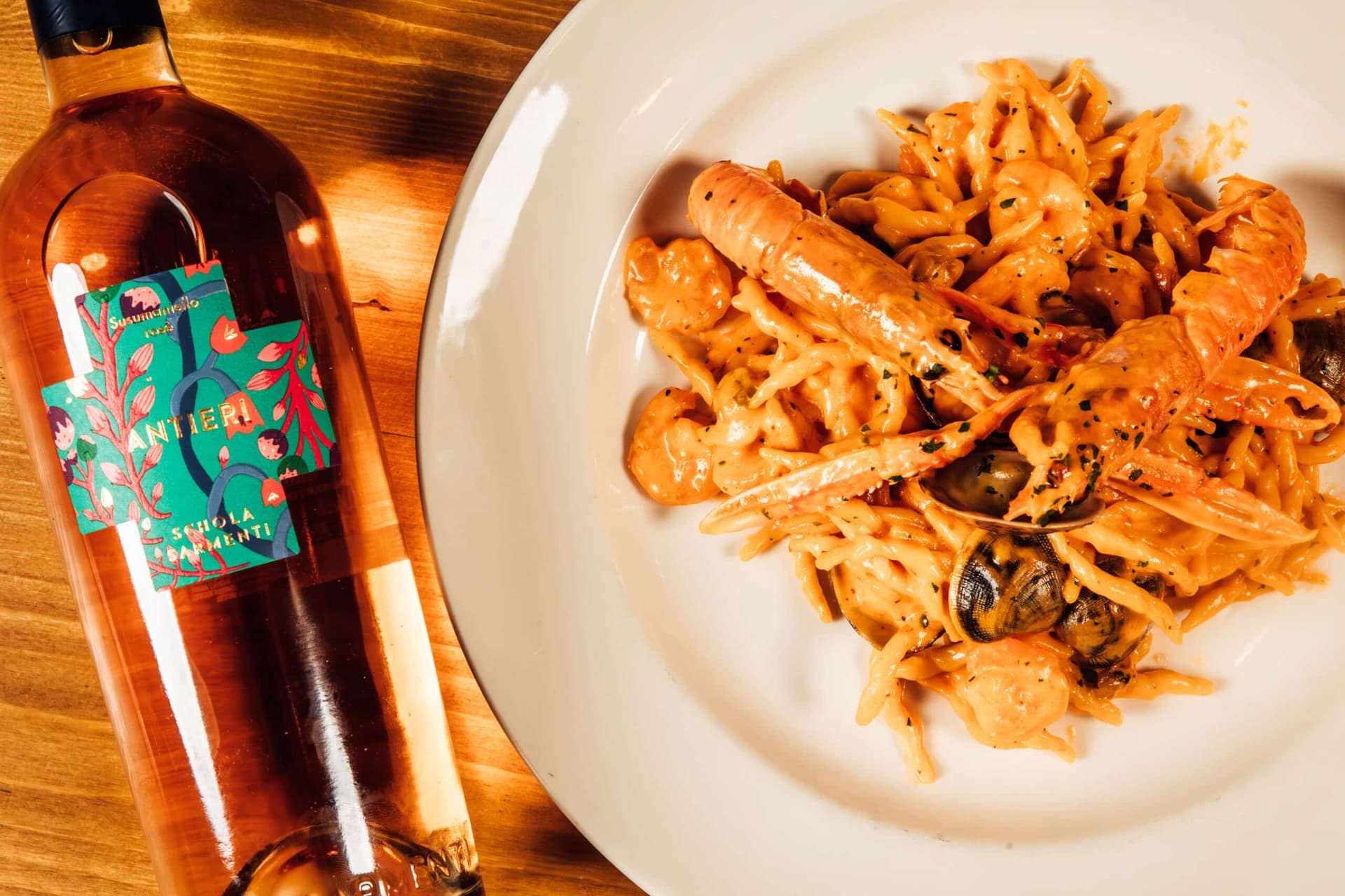 Seafood pasta with wine at Terra Rossa, London