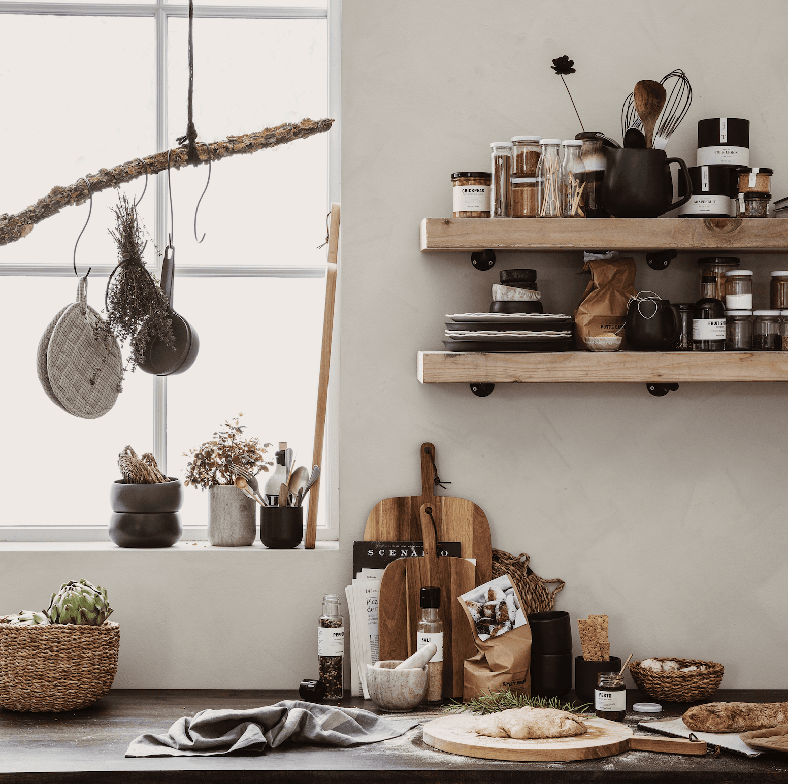 Scandinavian kitchen styling with open wooden shelves at Blåbär Nordic Living, London