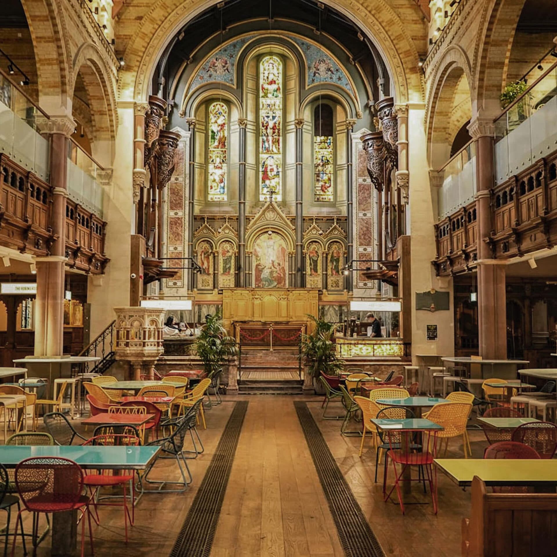 Converted church dining hall at Mercato Mayfair, London