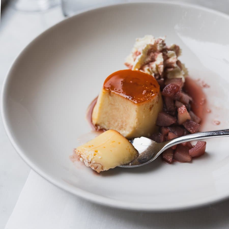 Flan dessert with rhubarb at Pizarro, London