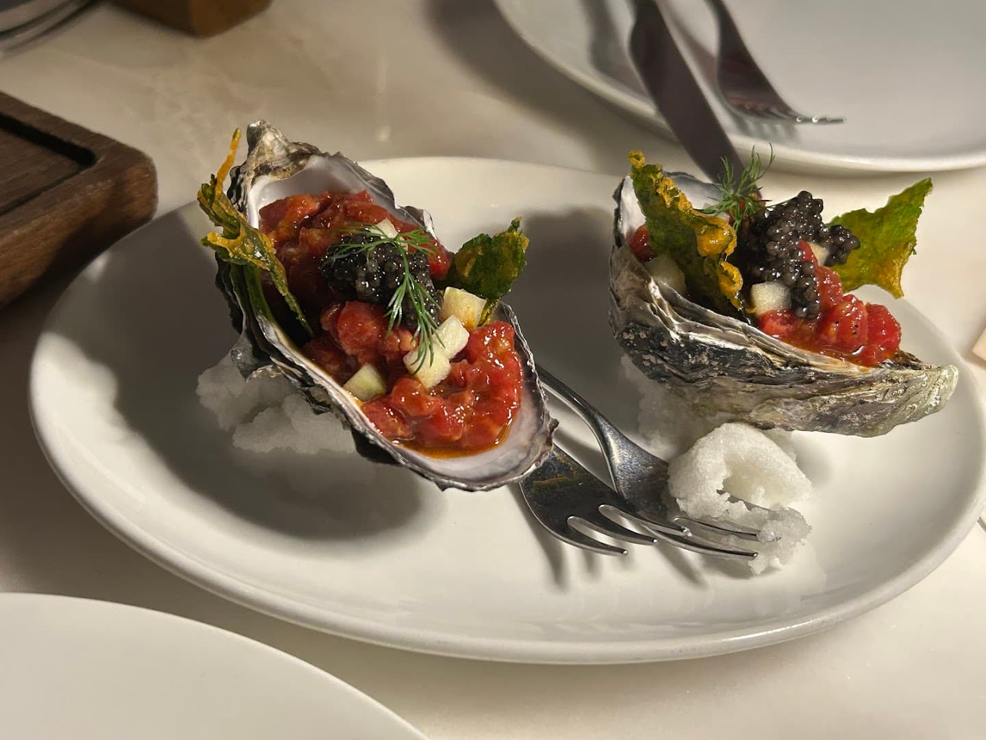 Oysters with caviar and tartare at Roe, Canary Wharf, London