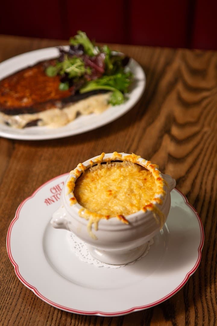 French onion soup at Chez Antoinette Victoria, London