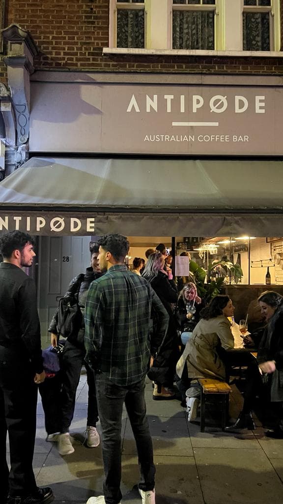 Front facade evening at Antipode Australian Coffee Bar, London