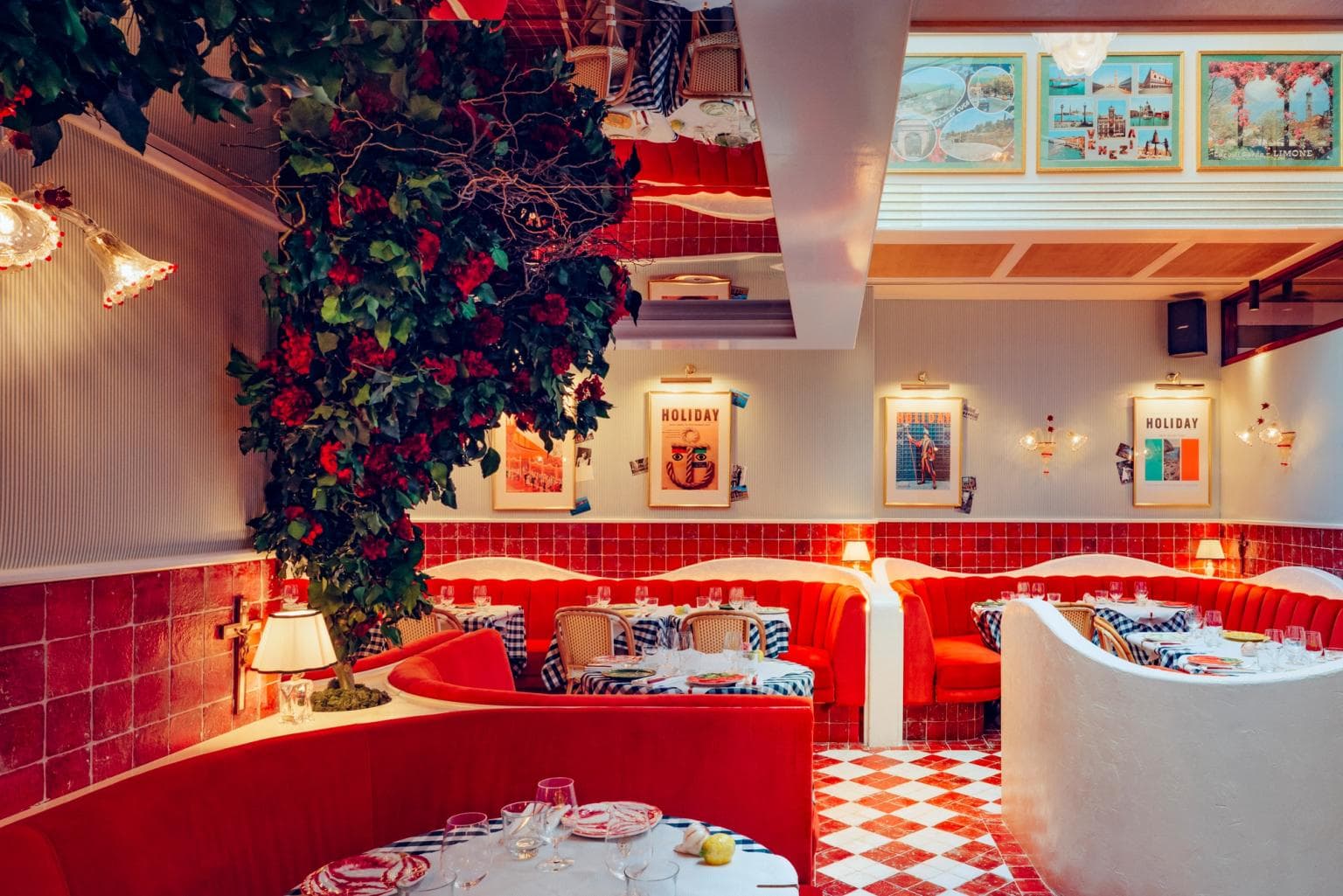 Red-tiled dining room at Ave Mario, London