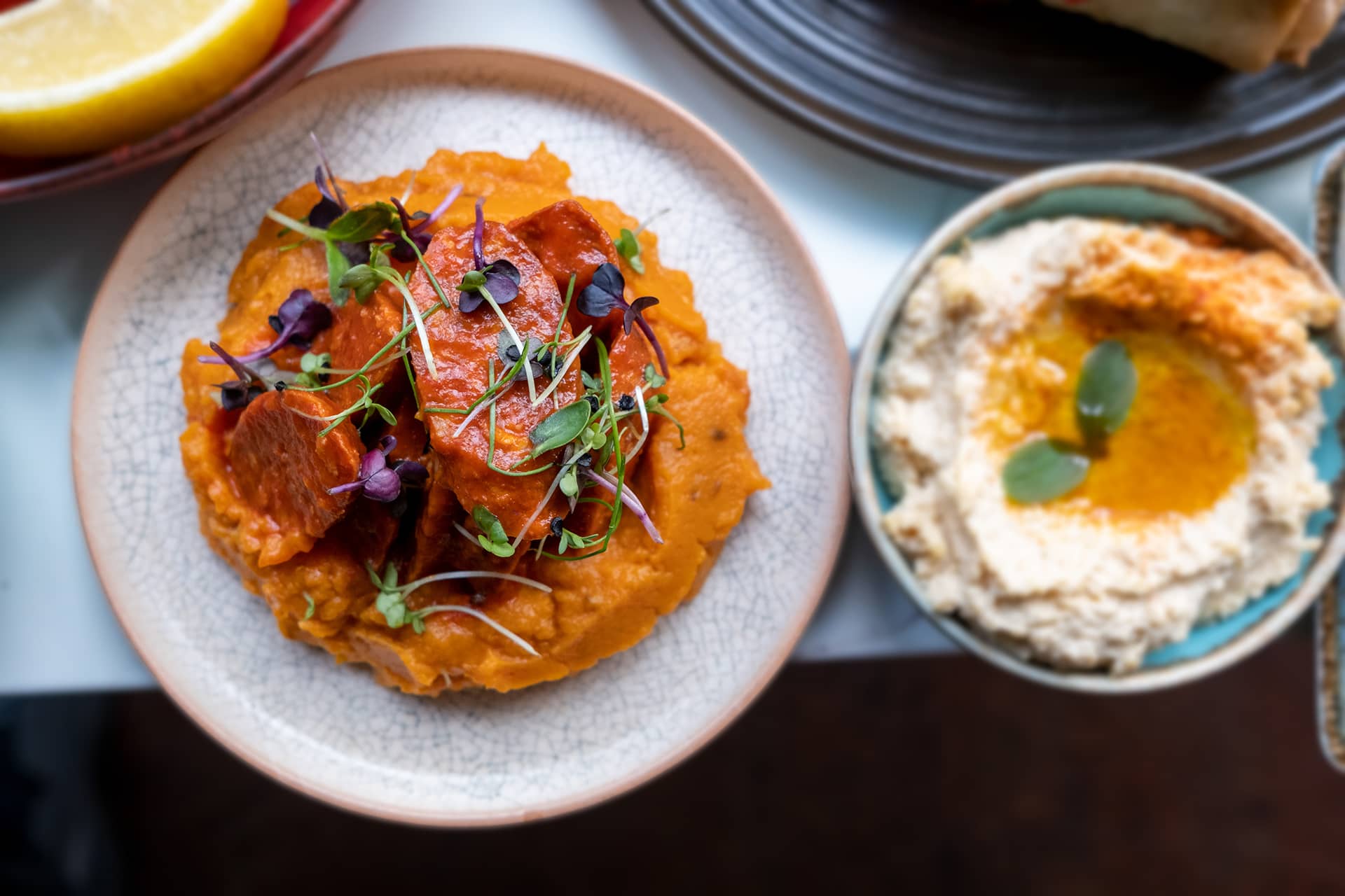 Spanish tapas chorizo with hummus dishes at Betto Tapas Restaurant & Cocktail Bar, London
