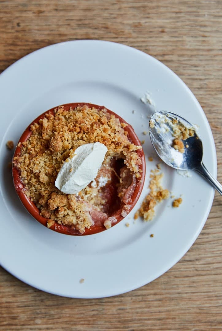 Rhubarb crumble dessert at The Duke Organic, London