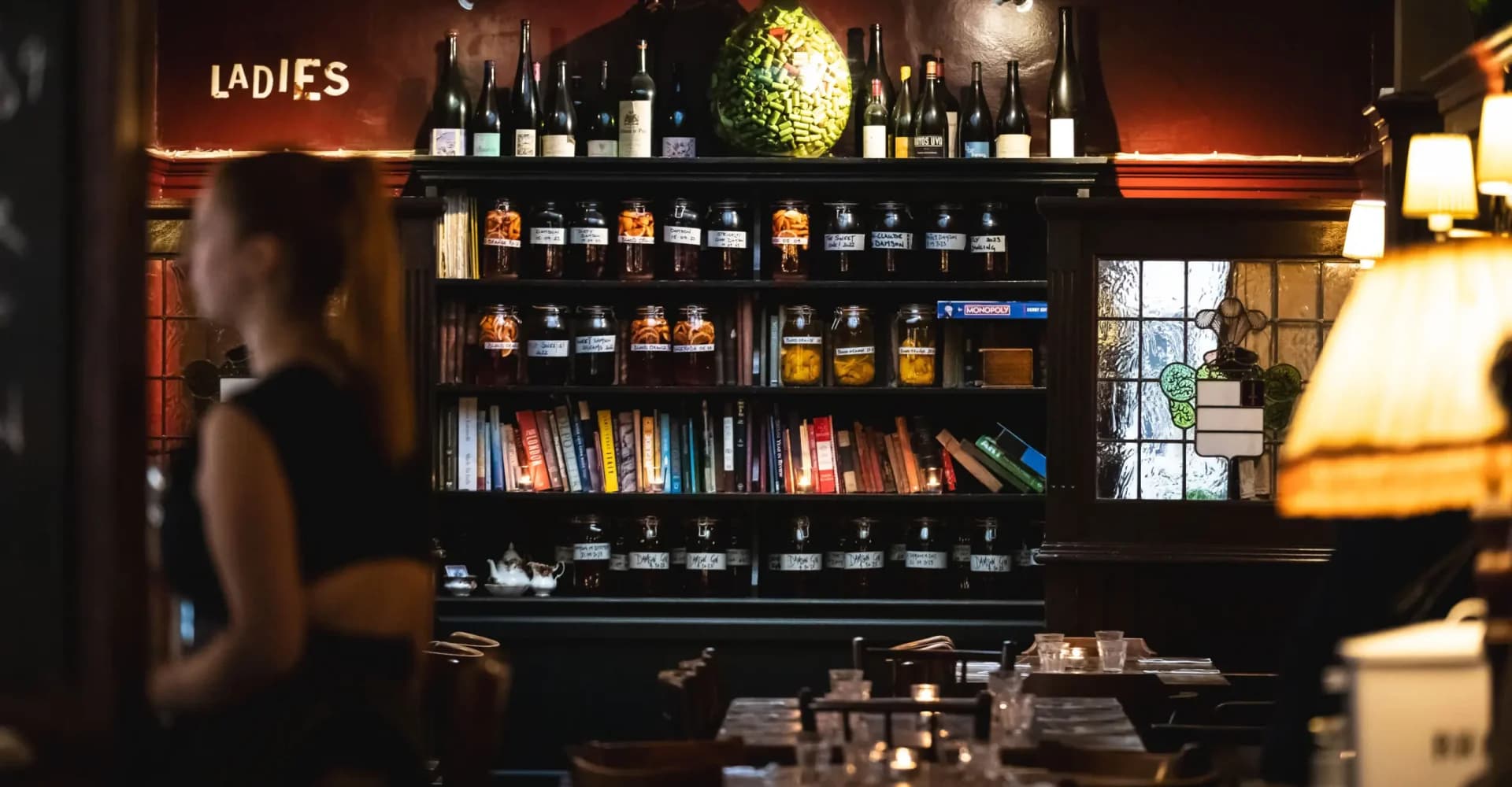 Bar area shelving at Canton Arms, London