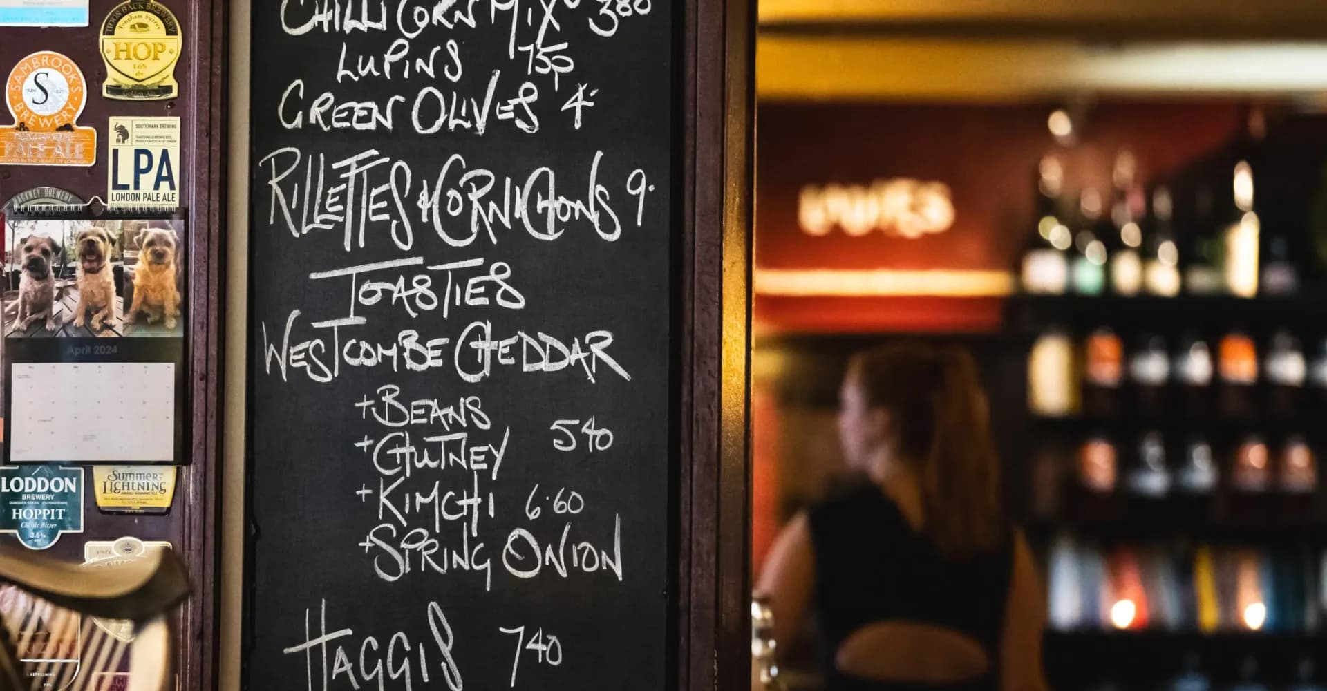 Chalkboard menu and bar at Canton Arms, London