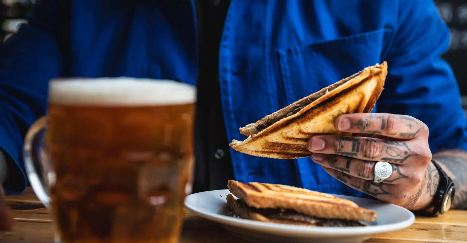 Toasted sandwich and beer at Canton Arms, London