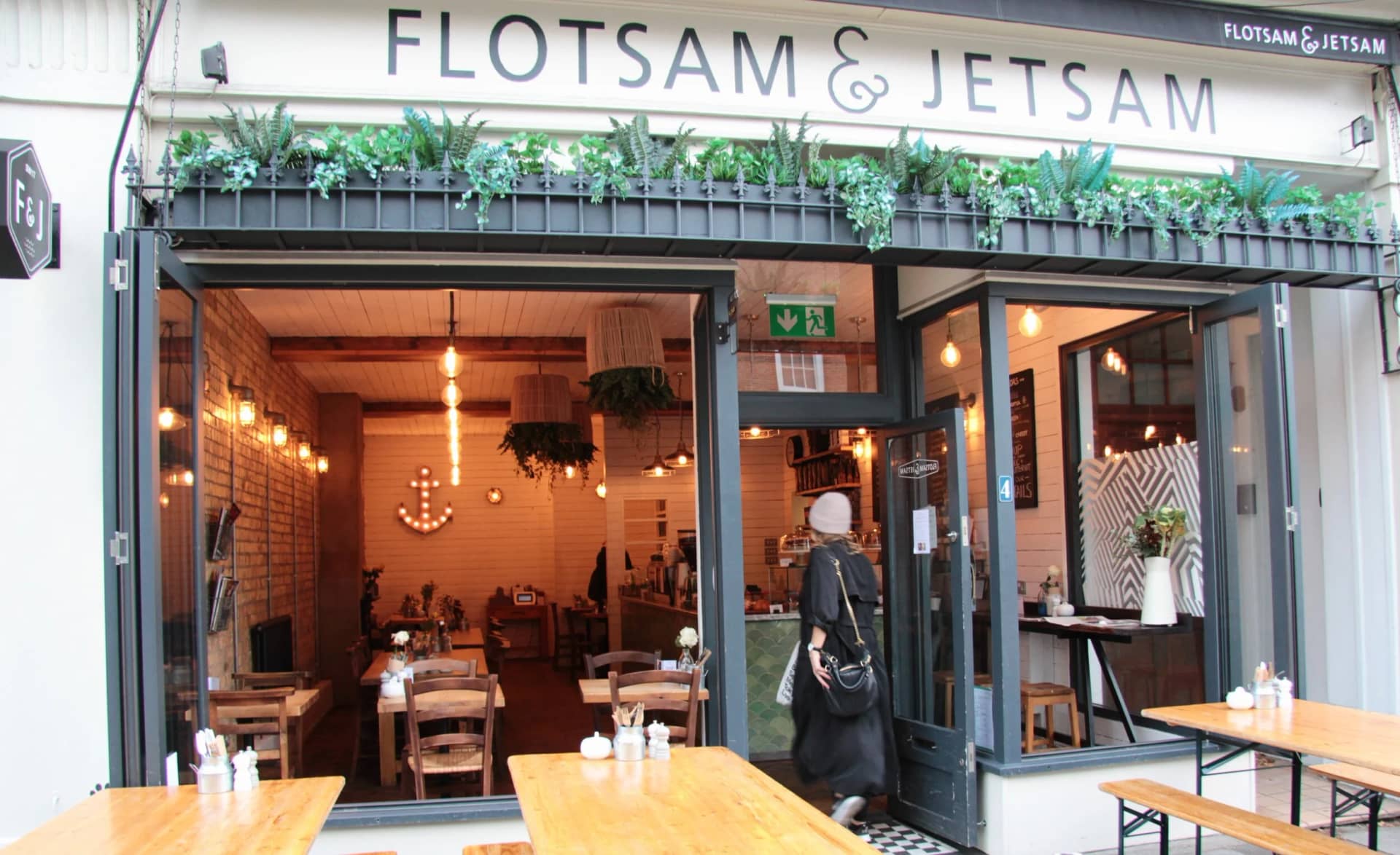 Front entrance with outdoor seating at Flotsam & Jetsam, London
