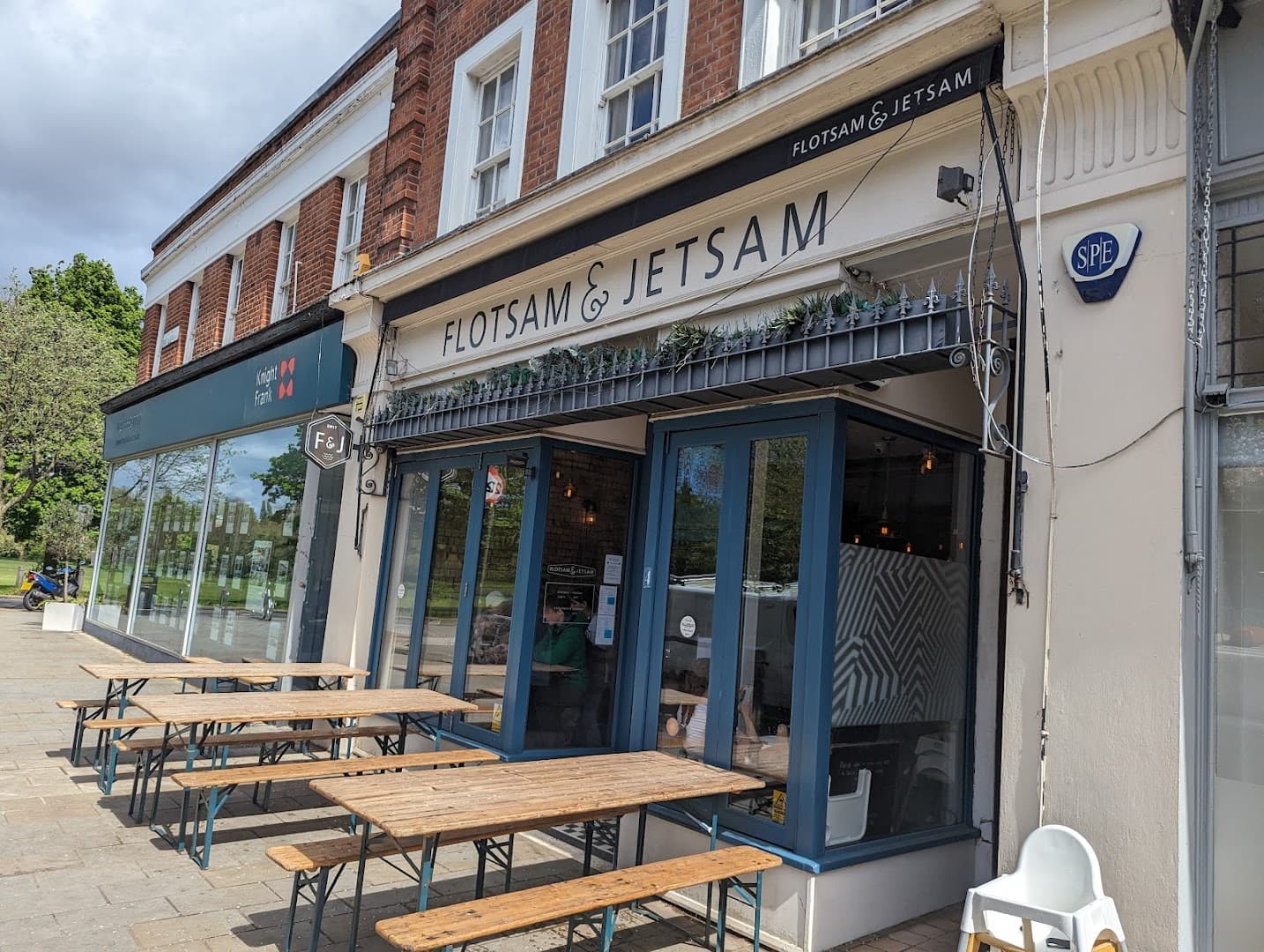 Front facade with outdoor seating at Flotsam & Jetsam, London