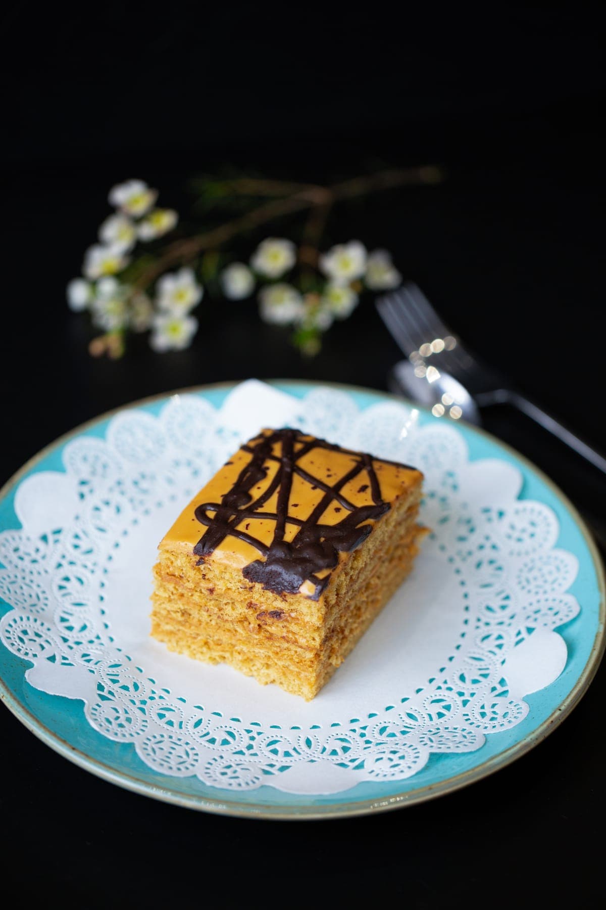 Honey cake with chocolate drizzle at Kartuli - Georgian Restaurant, East Dulwich, London