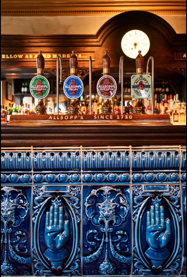 Bar area with Allsopp's beer taps at The Blue Stoops, London