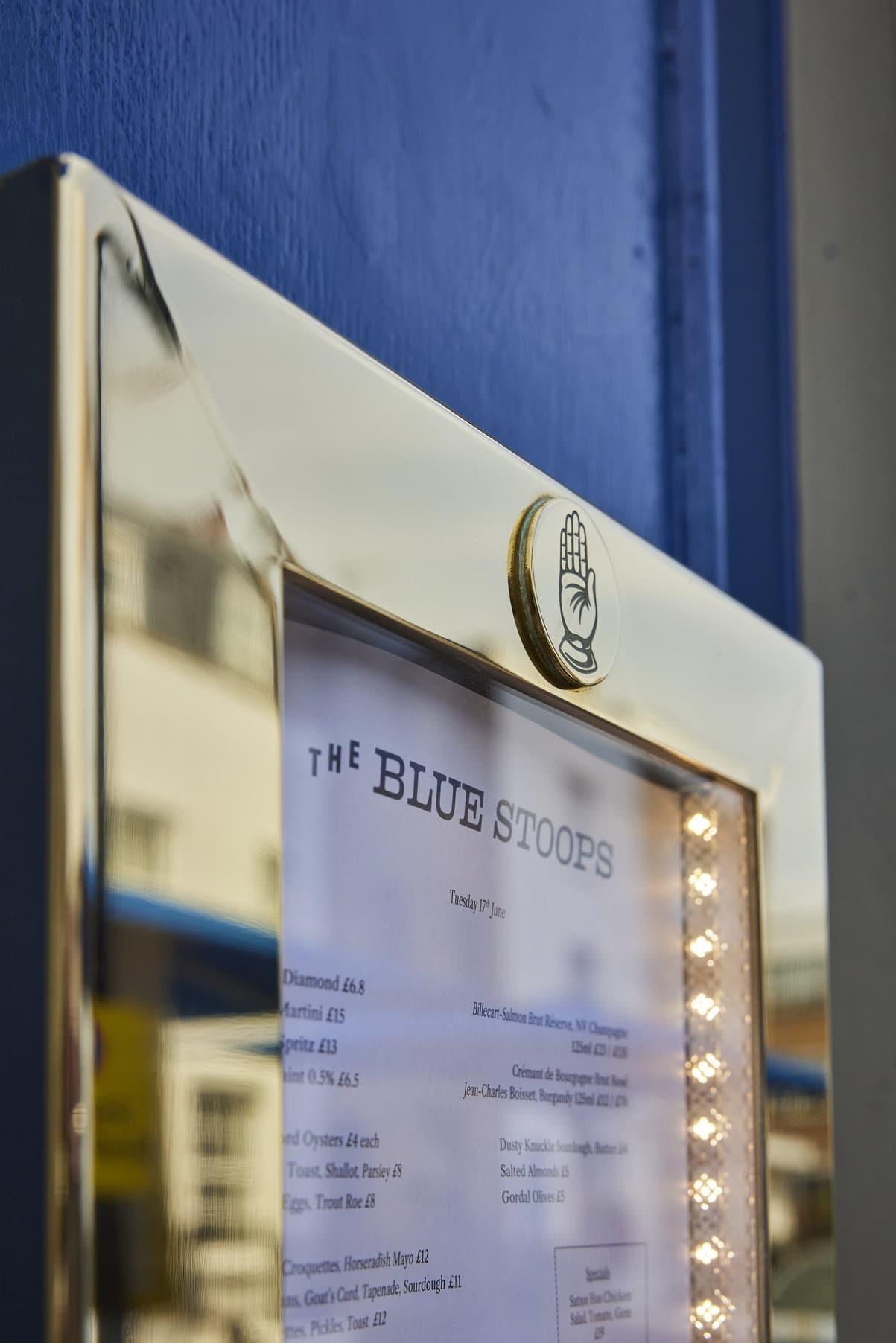 Illuminated menu board at The Blue Stoops, London