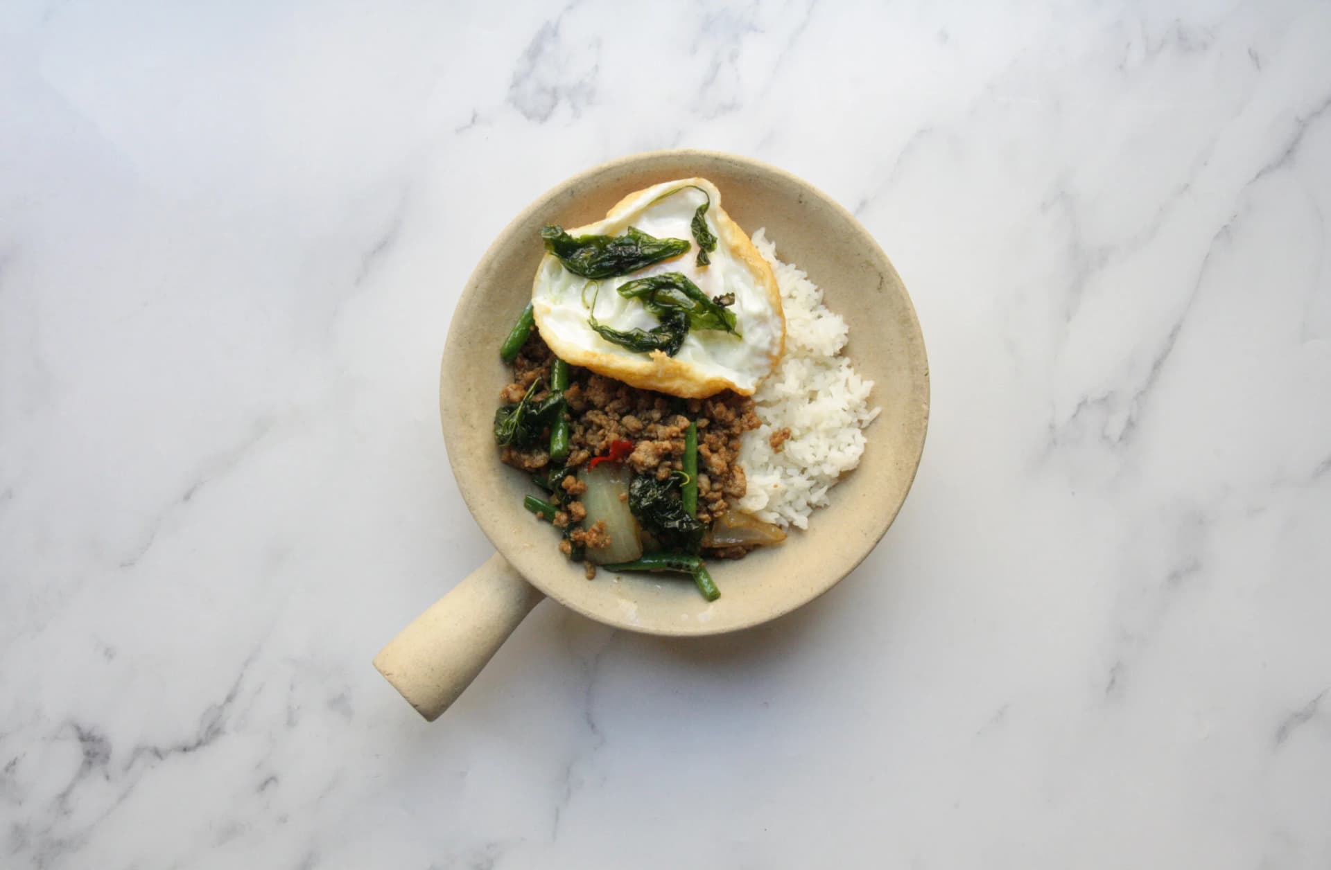 Thai basil minced meat rice dish at Kin + Deum, London