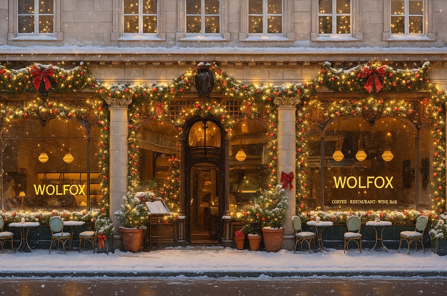 Christmas decorated facade at Wolfox Savoy London, London