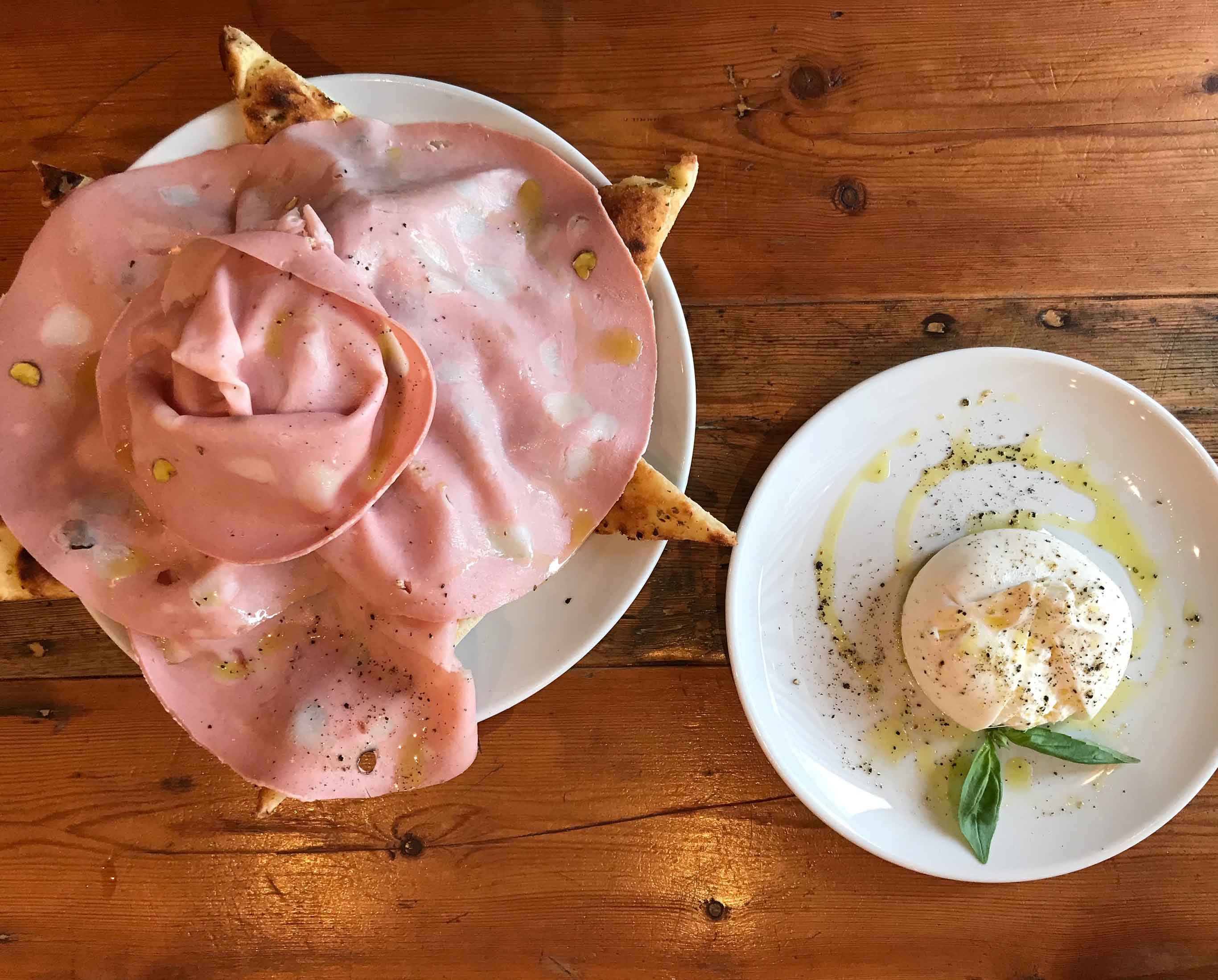 Mortadella and burrata dishes at Zia Lucia, West Hampstead, London