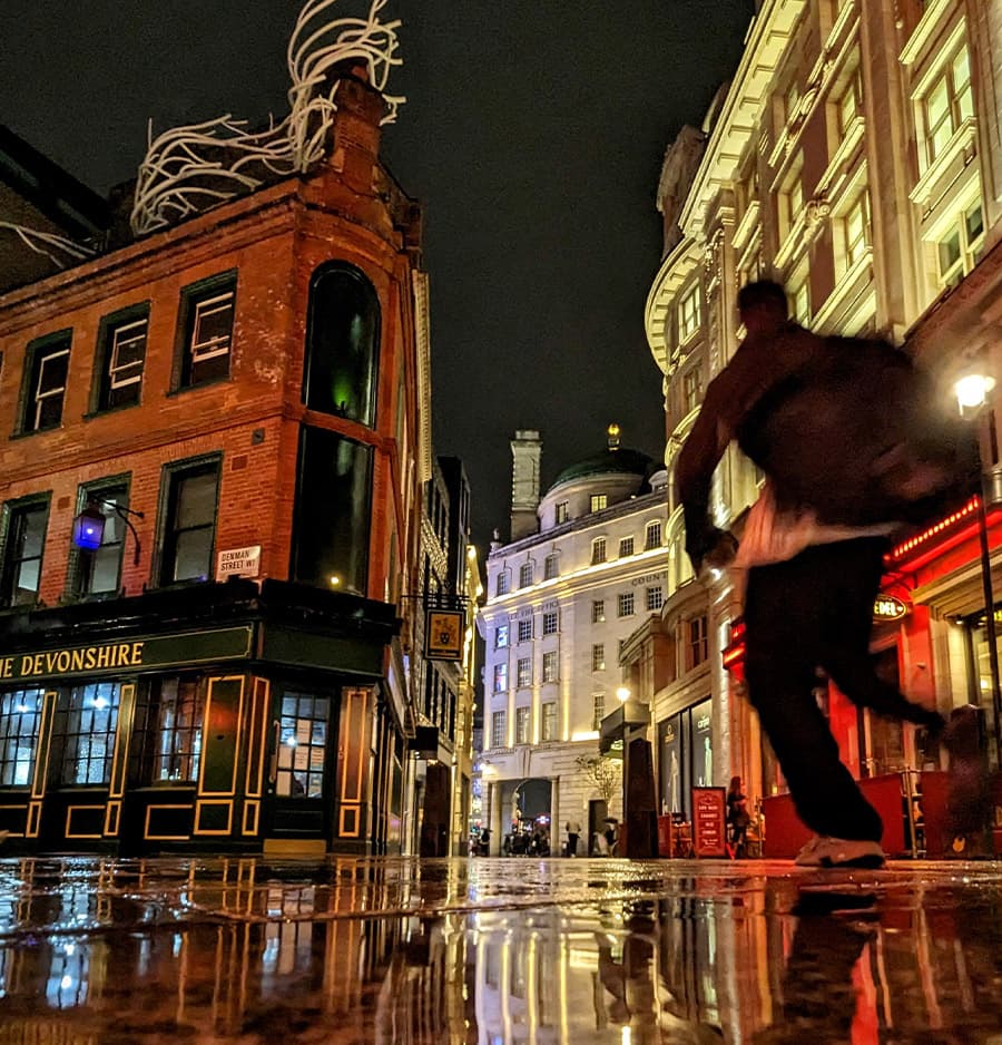 Night street view at The Devonshire, London