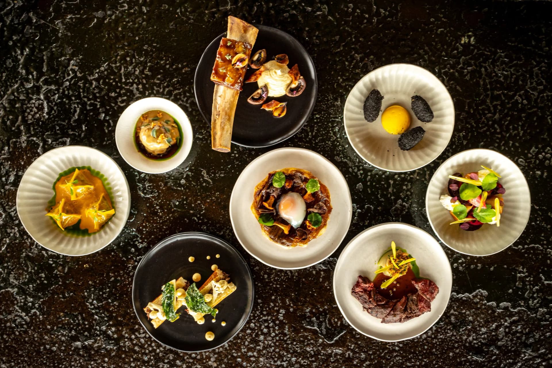 Tasting menu spread at Barge East, London