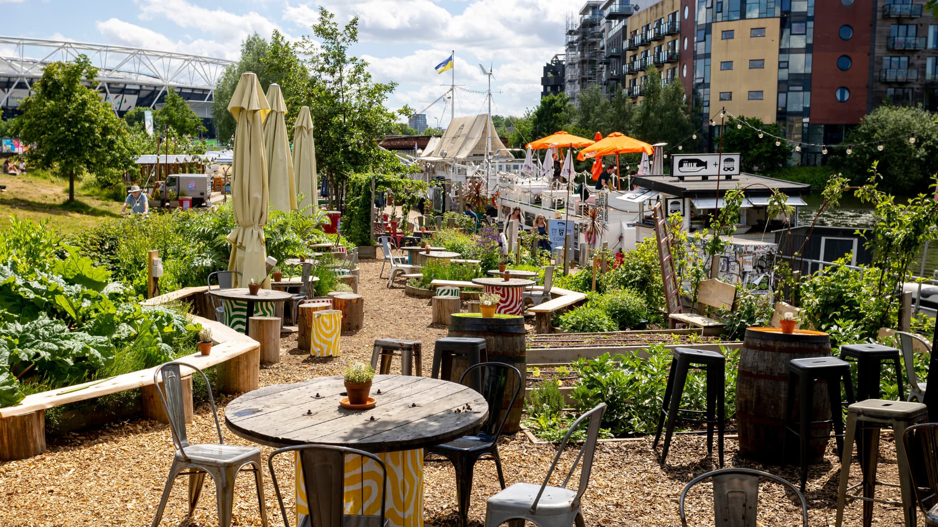 Waterside garden terrace at Barge East, London