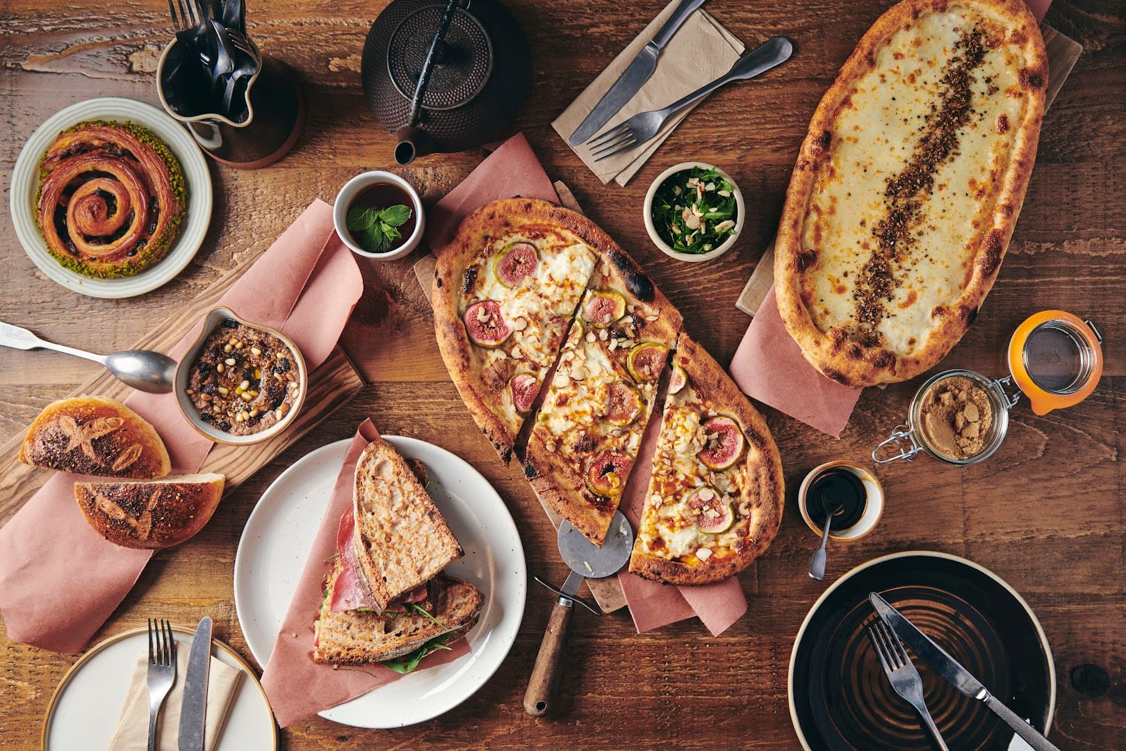 Flatbread and bakery spread at Chestnut Bakery, Covent Garden, London