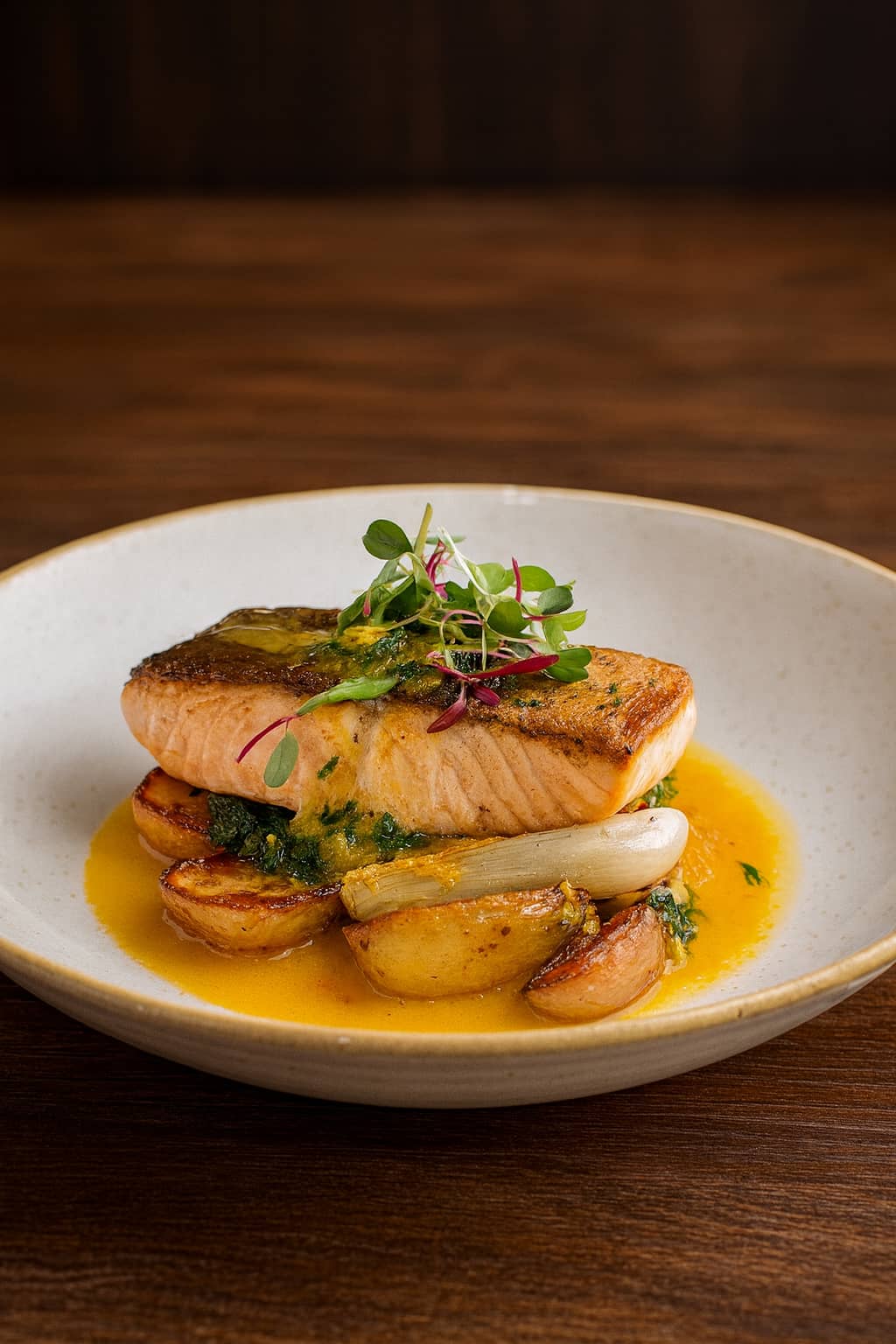 Pan-seared salmon dish at Greenberry Café, London