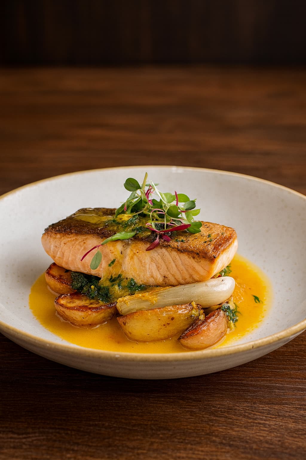 Pan-seared salmon dish at Greenberry Café, London