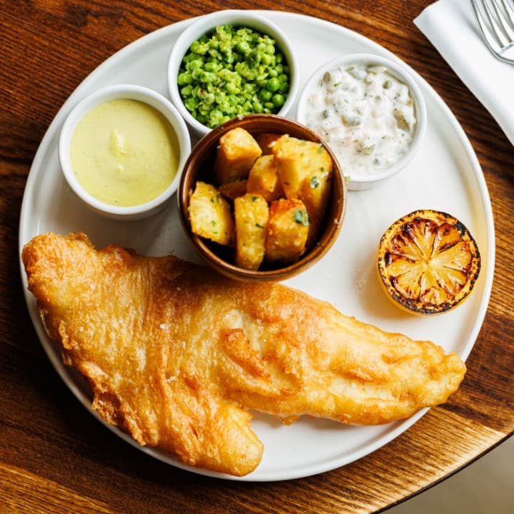 Fish and chips platter at The Apollo Arms Public House, London