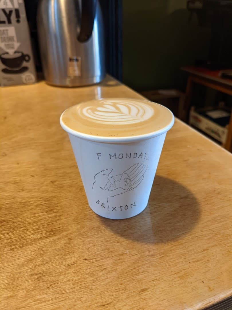 Flat white coffee with latte art at F. Mondays, Brixton, London