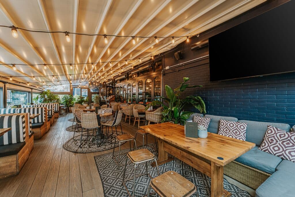 Covered terrace seating area at King Of Prussia, London
