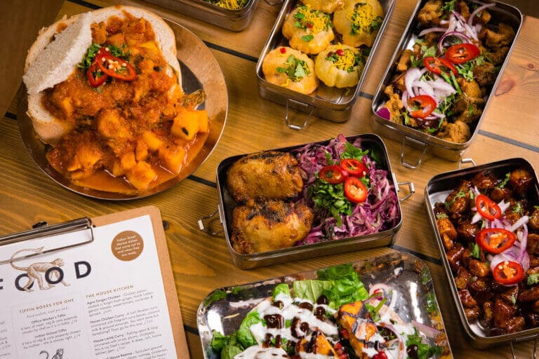 Tiffin boxes spread at Mowgli Street Food Charlotte Street, London