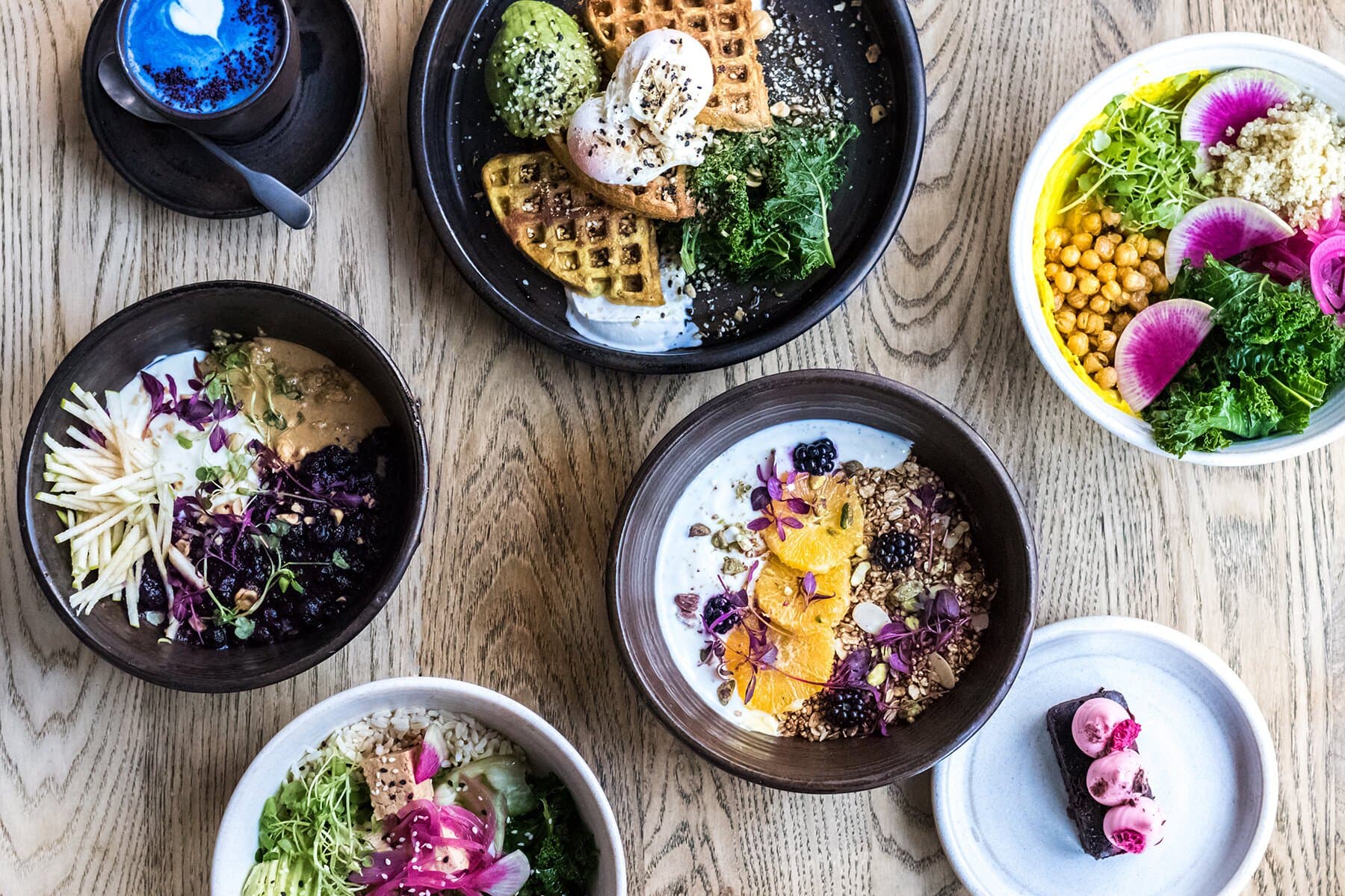 Healthy brunch bowls spread at Nue Ground Cafe, London