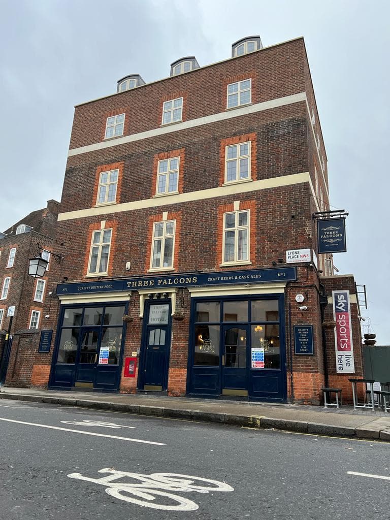Front facade at Three Falcons Hotel & Pub, Lyons Place, London