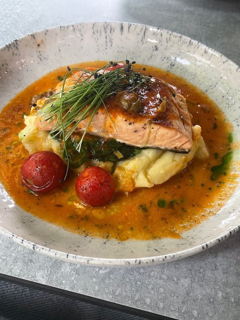 Glazed salmon with mashed potato at Flame & Fire, London