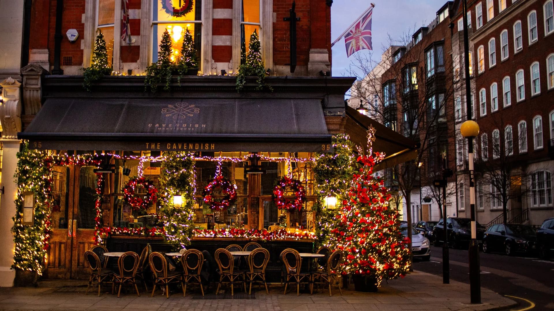 Christmas outdoor seating at The Cavendish Pub, Marylebone, London
