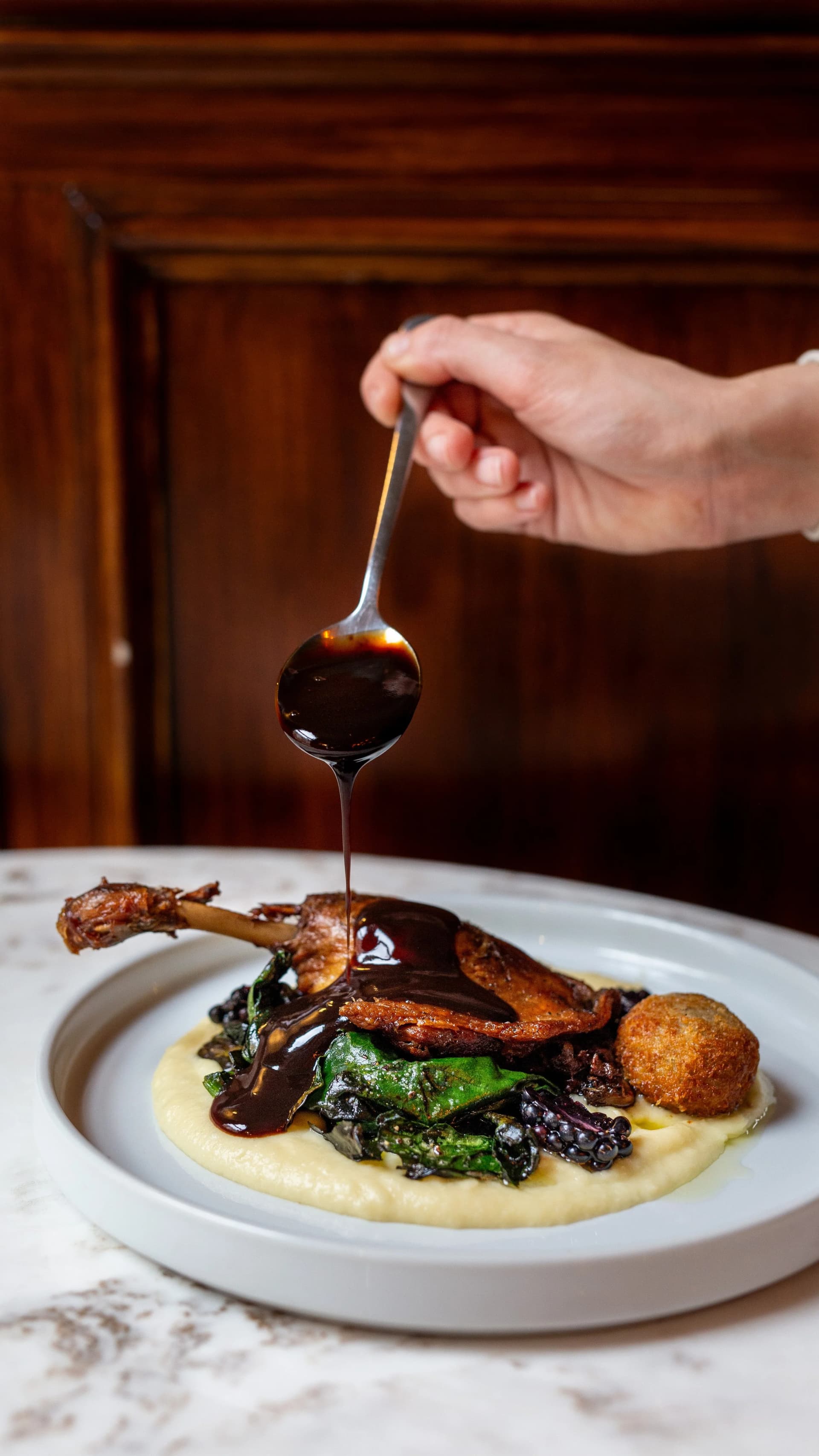 Duck breast with sauce at The Cavendish Pub, Marylebone, London