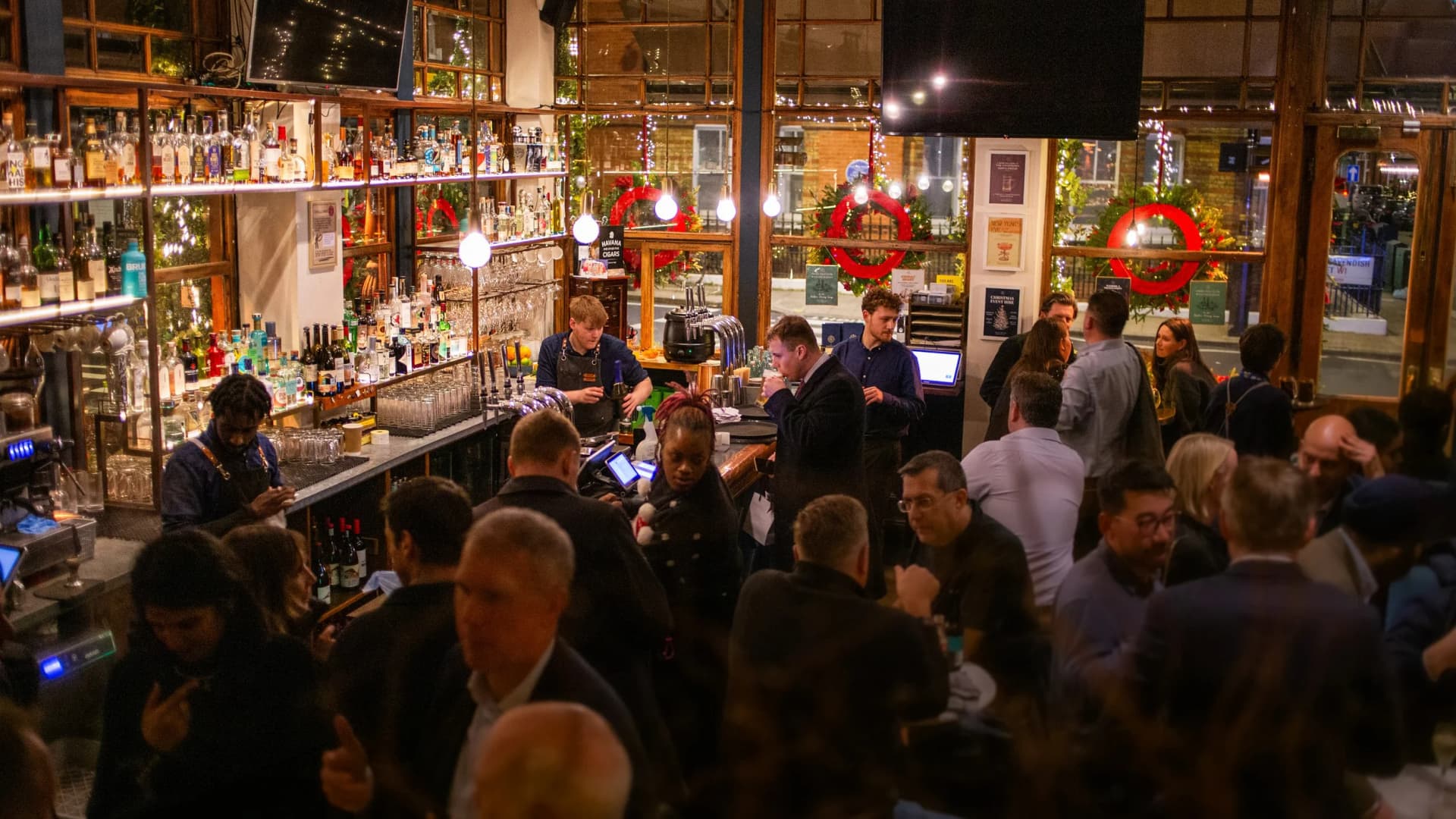 Festive bar area at The Cavendish Pub, Marylebone, London