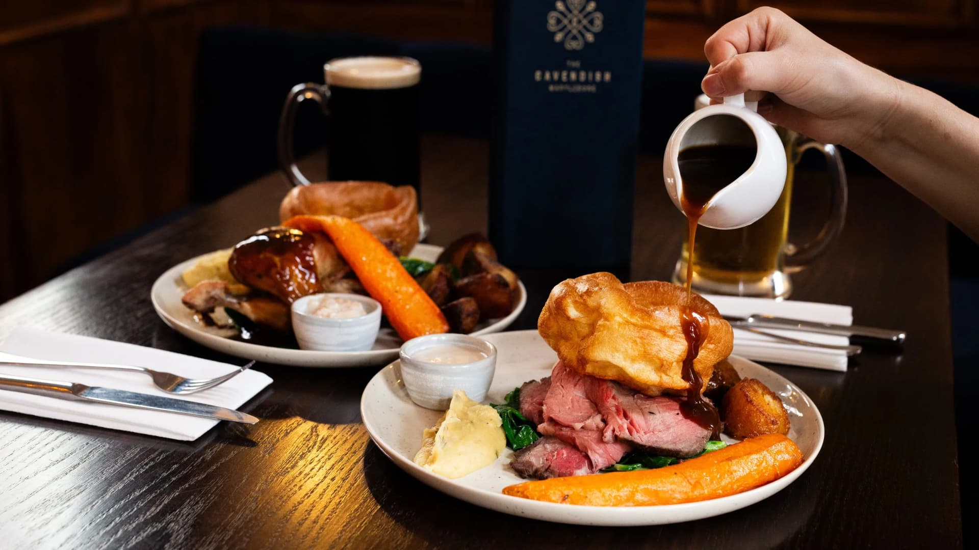 Sunday roast dinner at The Cavendish Pub, Marylebone, London