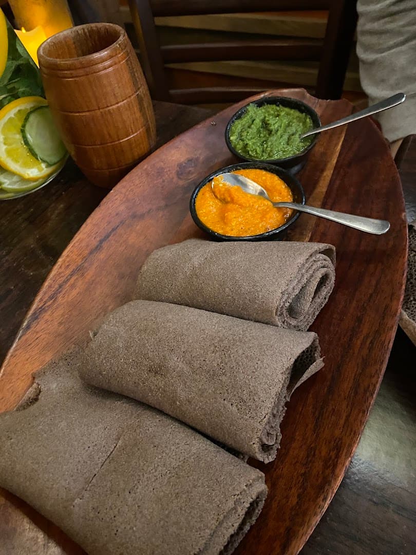 Injera with chutneys at Beza Ethiopian Food, London