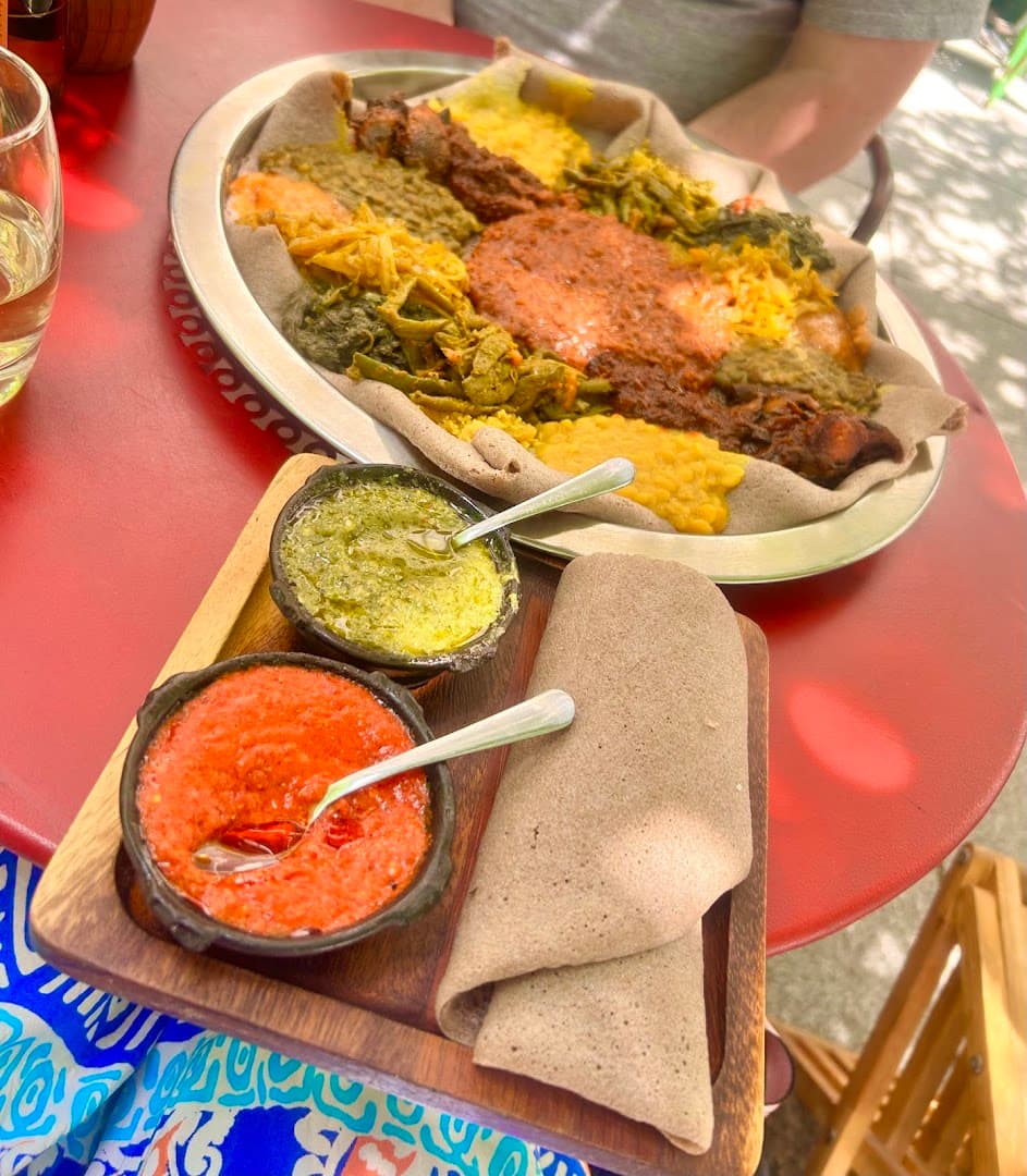 Traditional platter with sauces at Beza Ethiopian Food, London
