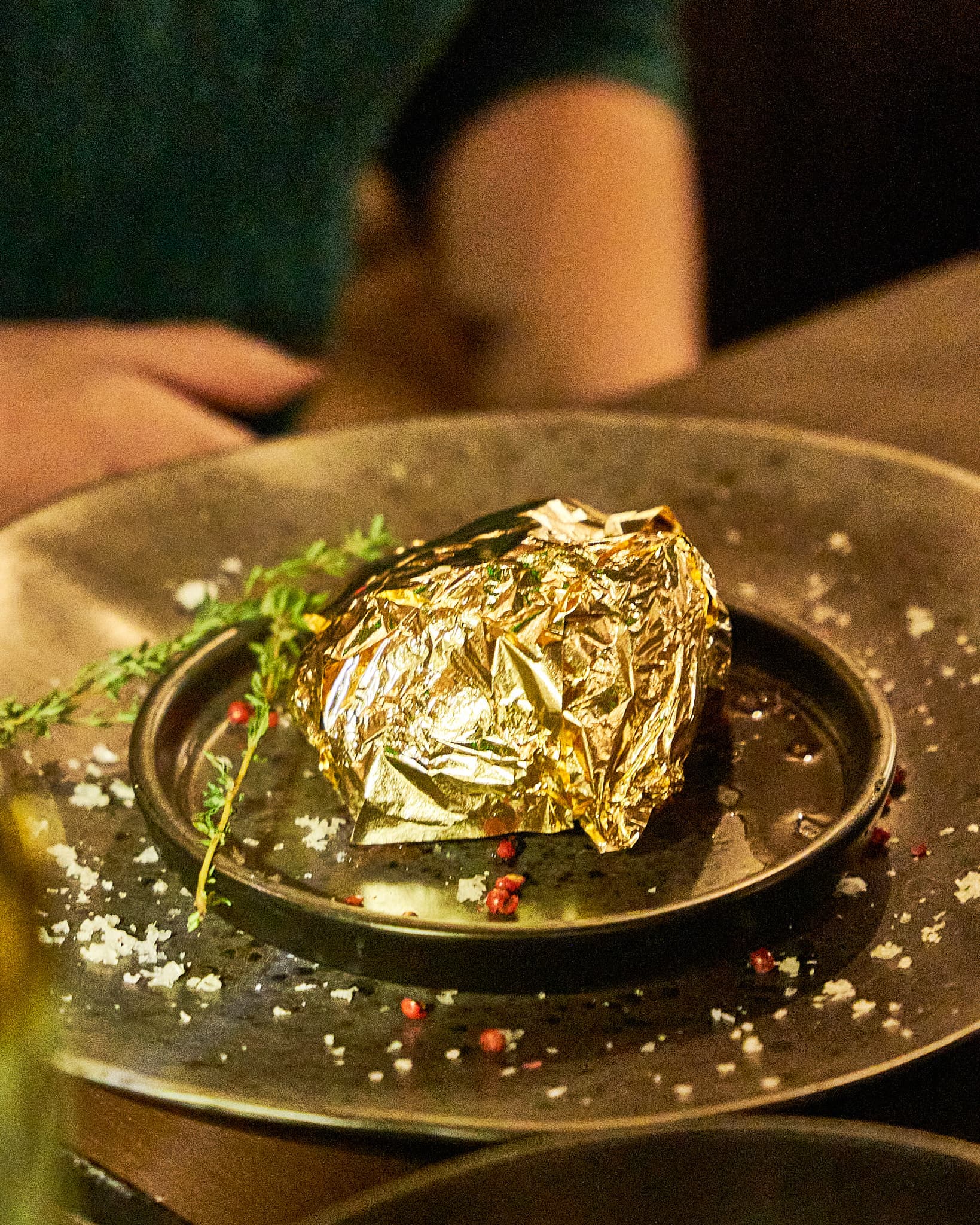 Gold-wrapped steak presentation at Mr. Steak Hammersmith, London