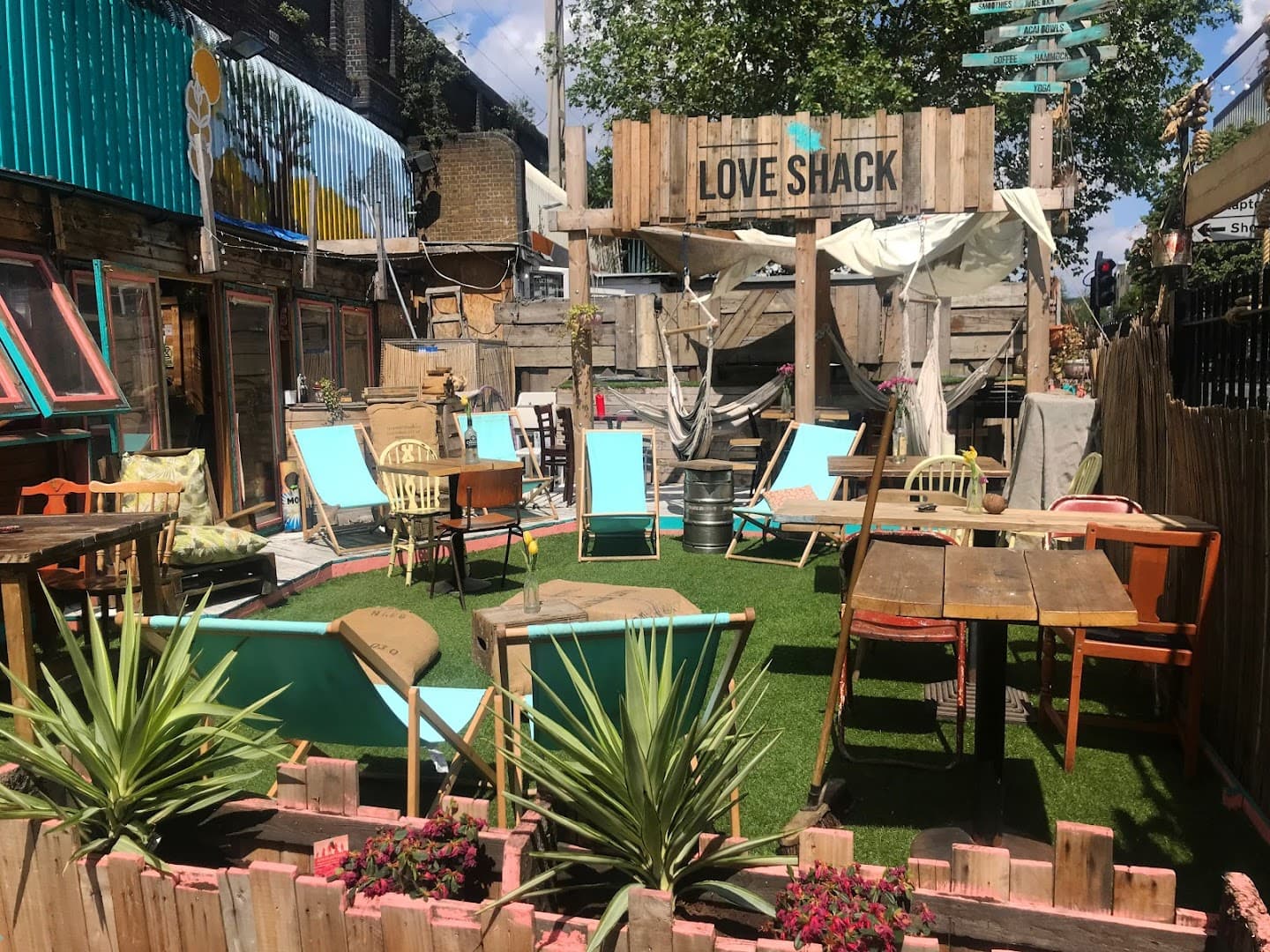 Outdoor seating area at Love Shack, London