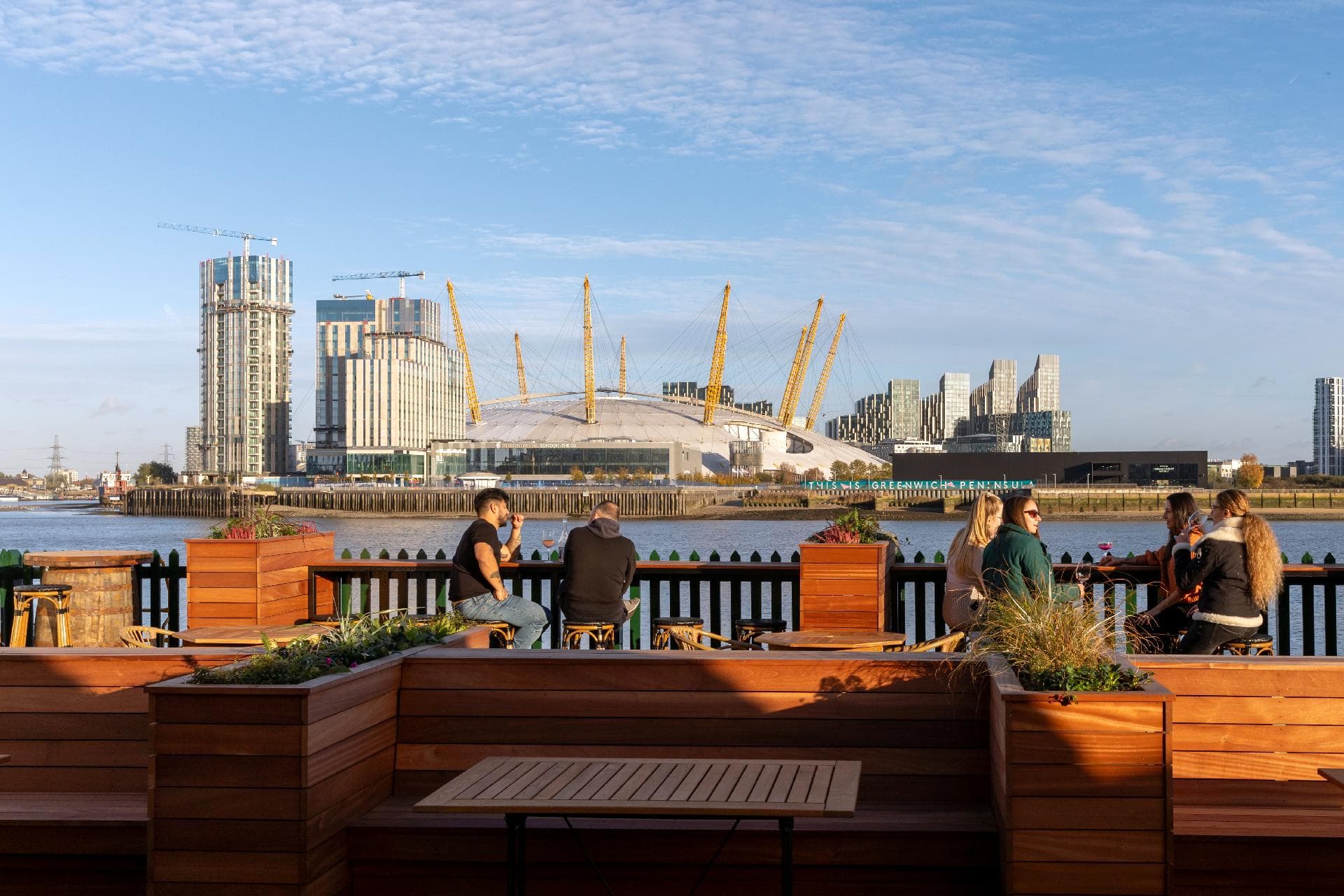 Riverside terrace with Thames views at The Gun, Docklands, London