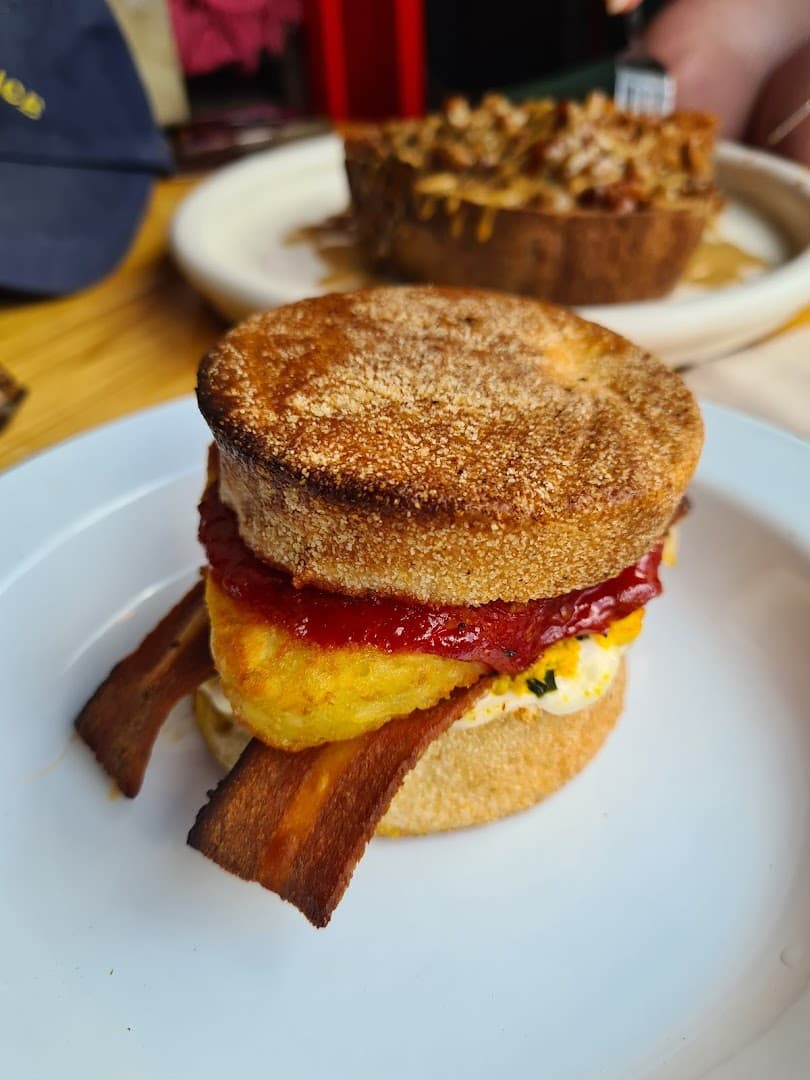 Breakfast sandwich on English muffin at Rons Coffee House, London