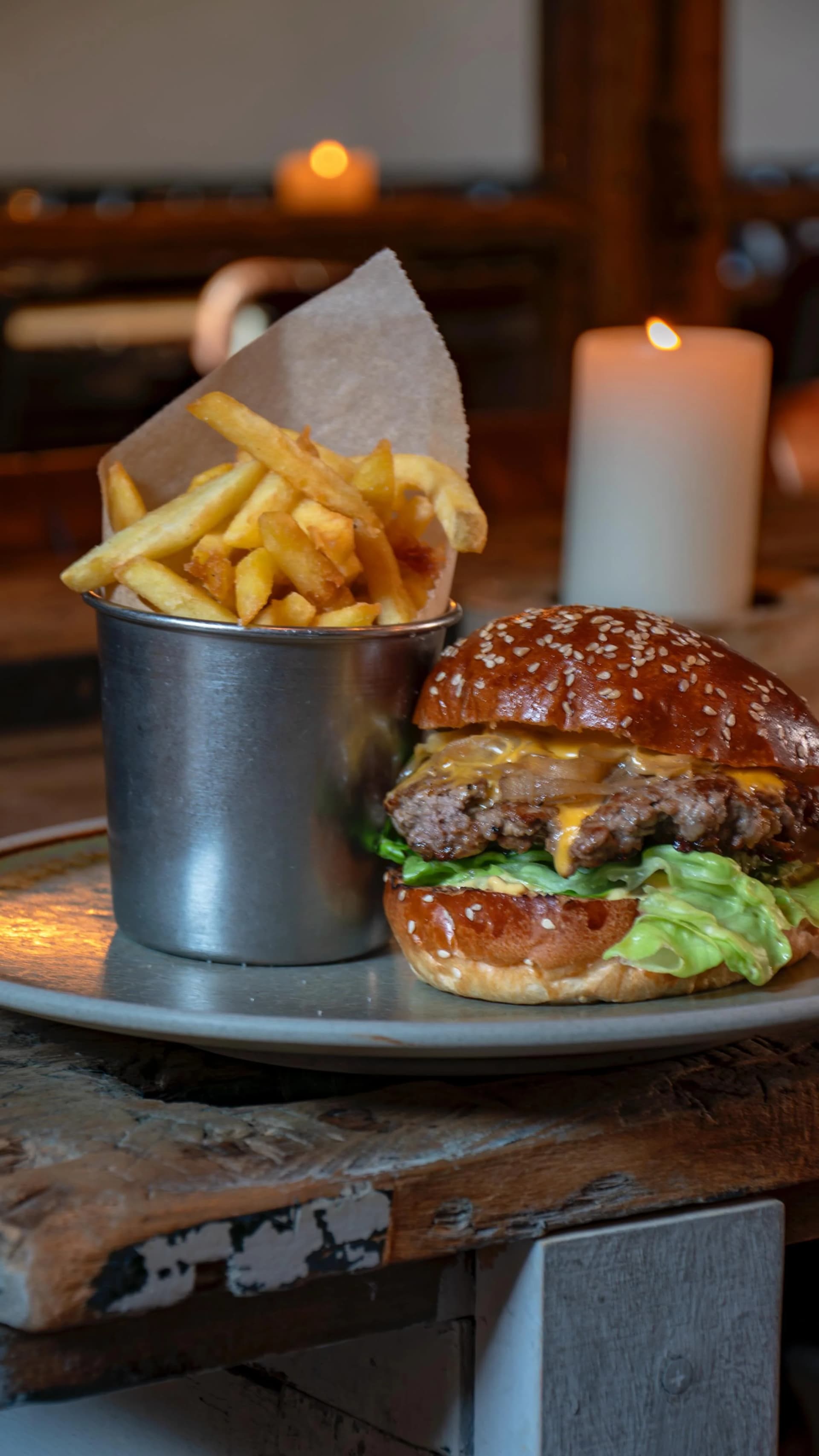 Gourmet burger and chips at The Talbot, London