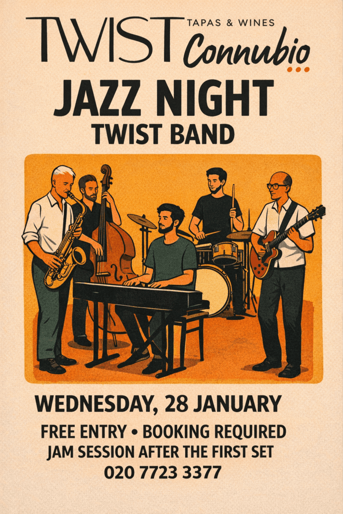 Jazz night event poster at Twist Connubio, London