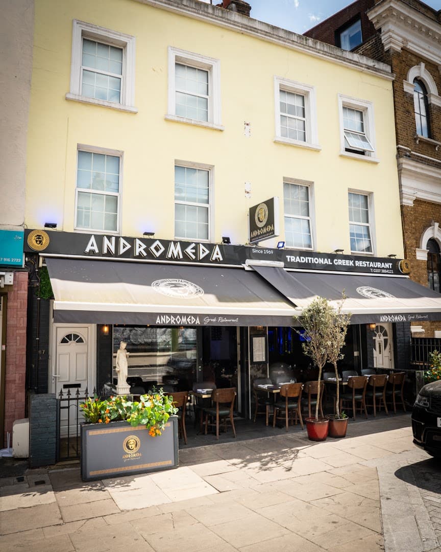 Front facade with outdoor seating at Andromeda Greek Restaurant, London