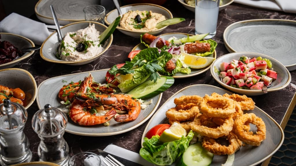 Greek mezze spread at Andromeda Greek Restaurant, London