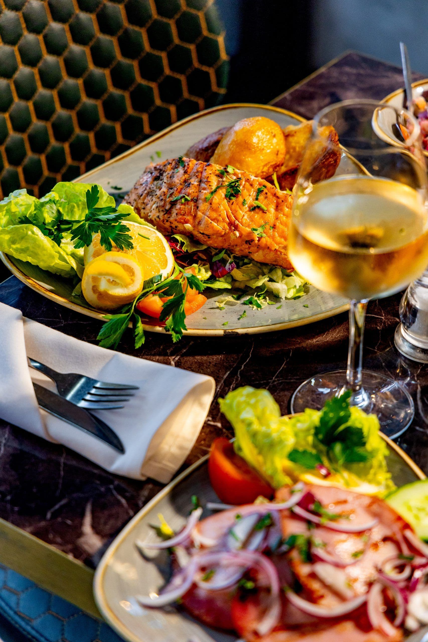 Grilled salmon platter at Andromeda Greek Restaurant, London